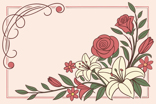 Elegant floral border with roses and lilies on a soft pink background - Powered by Adobe
