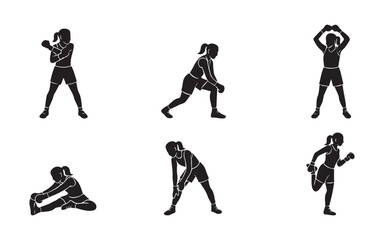 Female boxer stretching silhouette set, woman fighter warm-up poses, boxing training preparation vector, combat sport female fitness icons, athletic flexibility illustrations