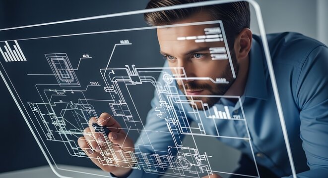 Engineer reviewing complex technological blueprint on futuristic holographic interface in modern office demonstrating innovation and advanced design