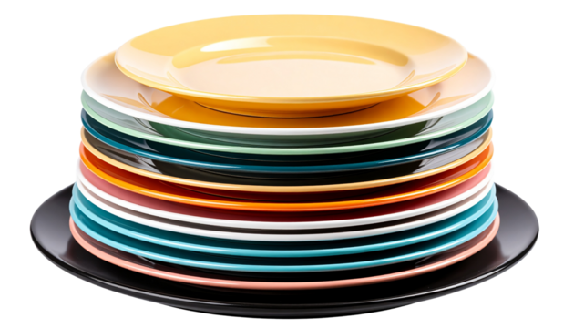 colour full plates stacked and isolated on transparent background.