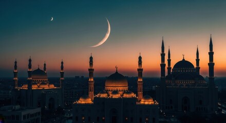 Majestic Mosques Bathed in the Glow of the Crescent Moon and Sunset Sky