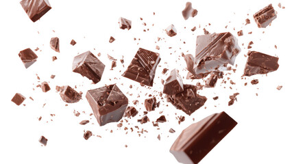 A dynamic explosion of chocolate pieces in mid-air. creating a visually striking effect against a smooth white background. ideal for food advertising or culinary presentations