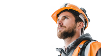 A focused construction worker in safety gear gazes upwards. contemplating the task ahead. with a bright. clear sky in the background. symbolizing hope and determination in the workplace