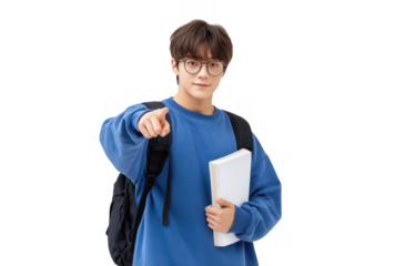 A young student wearing glasses and a blue sweatshirt confidently points towards the camera while holding a notebook. set against a clean. white background. ideal for educational or promotional conten