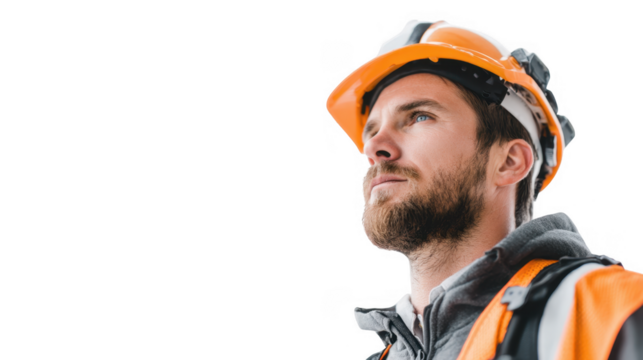 A focused construction worker in safety gear gazes upwards. contemplating the task ahead. with a bright. clear sky in the background. symbolizing hope and determination in the workplace