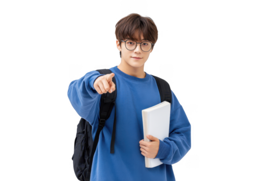 A young student wearing glasses and a blue sweatshirt confidently points towards the camera while holding a notebook. set against a clean. white background. ideal for educational or promotional conten
