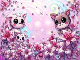 dreamy pastel hues and neon accent swirl together in a mesmerizing, holographic inspired frame hand drawn cartoon animals floral pattern