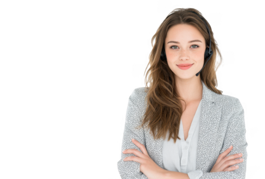 A confident customer service representative wearing a headset. standing with arms crossed. in a bright. minimalist office environment. ready to assist clients with inquiries and support