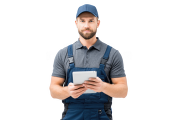 A skilled maintenance worker in a blue uniform and cap confidently holds a tablet. ready to assist with repairs or installations. set against a clean. minimalistic white background