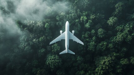 An environmental sustainable biofuel concept of a white airplane flying over green trees creating an aerial view of the aircraft and its engines against a backdrop of a dark misty foggy rainforest