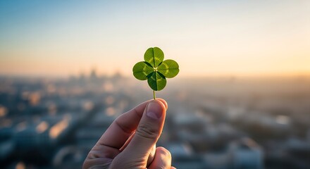 Close up of a person's hand holding a four leaf clover with a soft focus cityscape background at sunset symbolizing good luck and fortune