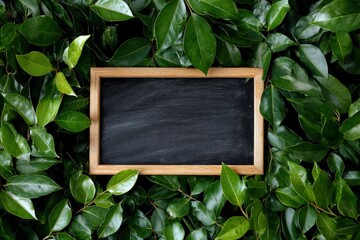 Chalkboard in a wood frame nestled among many vibrant green leaves