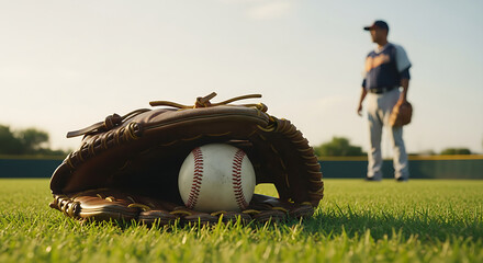 Close up of baseball inside a leather glove on green grass with blurred baseball player standing in background during game