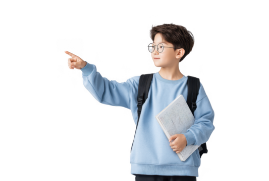 A young boy in a light blue sweater and glasses. holding a notebook. points confidently while standing against a neutral background. suggesting curiosity and exploration