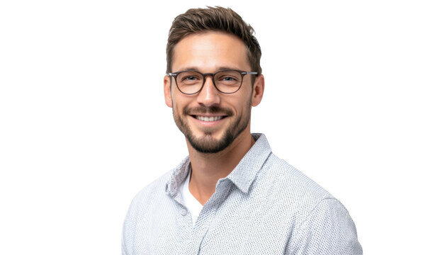 A smiling man with glasses wearing a light-colored shirt. posing against a plain white background. exuding confidence and approachability. ideal for professional profiles or lifestyle content
