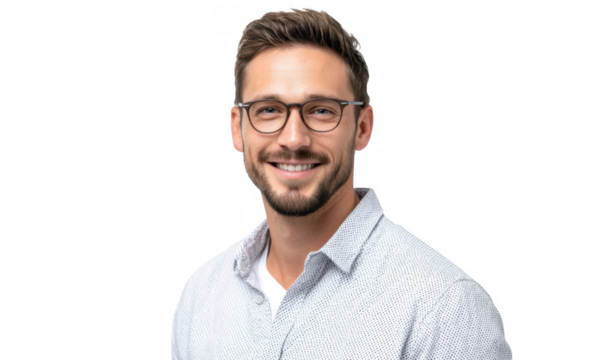 A smiling man with glasses wearing a light-colored shirt. posing against a plain white background. exuding confidence and approachability. ideal for professional profiles or lifestyle content