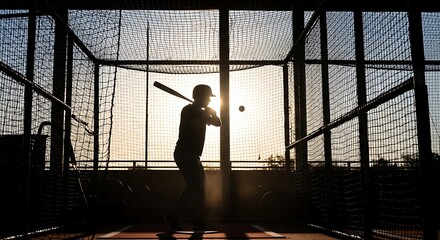 Silhouette of a baseball player swinging a bat at a ball in a batting cage during a beautiful sunset