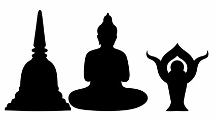Three black silhouettes depicting a stupa, a seated buddha, and a symbolic figure on a white background
