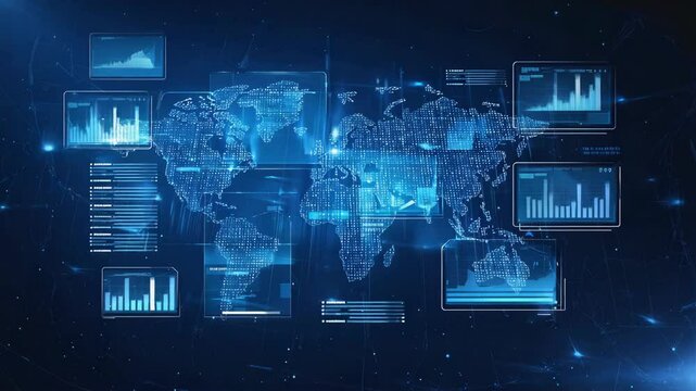 Digital world map interface with glowing charts, data windows, and analytics panels, representing global communication, data exchange, futuristic technology, cyber intelligence, virtual connectivity - Powered by Adobe