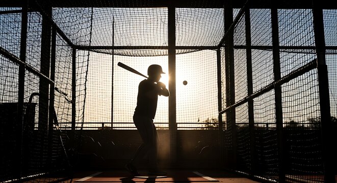 Silhouette of a baseball player swinging a bat at a ball in a batting cage during a beautiful sunset