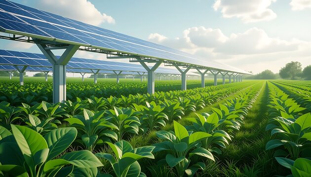 Solar Farm in Agricultural Field: Rows of solar panels stand tall in a vast agricultural field, showcasing a sustainable approach to energy production that harmonizes technology with nature's bounty.