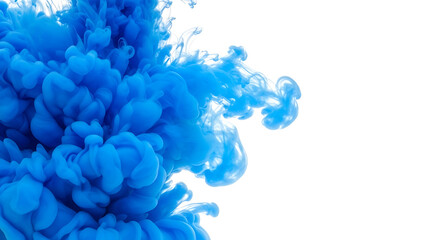 Cerulean Blue Ink Cloud Swirling in Clear Water Against White Background