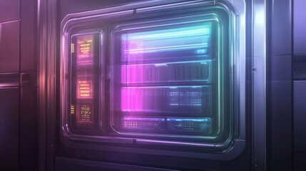Futuristic Data Server with Holographic Neon Elements and Glowing Design
