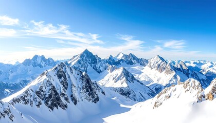 Majestic Snowy Peaks Under Blue Sky  Stunning Mountain Landscape Scenery.