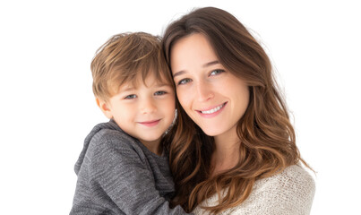 A joyful mother and her smiling young son embrace each other against a bright white background. capturing a moment of love and connection. perfect for family-oriented themes