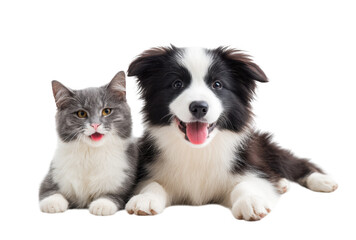 Obraz premium A playful dog and cat sitting together on a white background. showcasing their friendship and joy. ideal for pet care advertisements or animal companionship themes