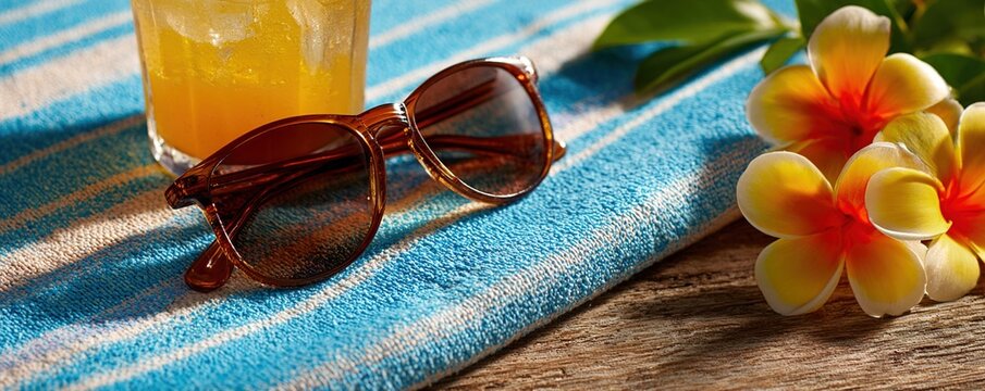 Stylish sunglasses resting on a sun-drenched beach towel, next to a refreshing summer drink and vibrant tropical flowers Perfect for summer vacation and travel promotions , sunshine, relax, blue - Powered by Adobe