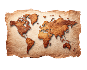 Old world map vintage paper textured parchment antique style continents travel inspiration adventure exploration isolated on transparency background artistic retro