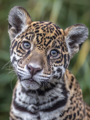 Obraz premium Jaguar cub looking curiously, green nature background, close-up