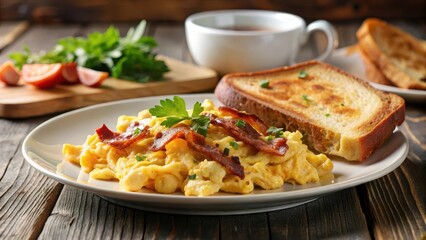 Fluffy scrambled eggs on a plate with crispy bacon and toasted bread in a cozy breakfast nook