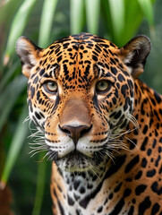 Obraz premium Majestic jaguar staring intently, lush green background, vibrant colors