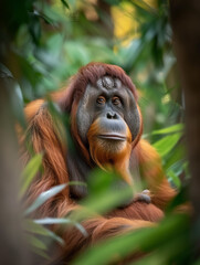 Fototapeta premium Orangutan sitting in lush jungle surrounded by green foliage