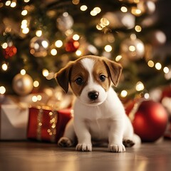 A cute Jack Russell puppy sits in front of a decorated Christmas tree, surrounded by presents and festive lights.
