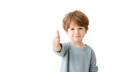 A cheerful young boy with light brown hair gives a thumbs-up gesture in a bright. minimalist setting. conveying positivity and encouragement. suitable for family-oriented content
