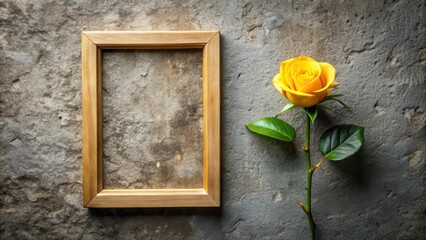 A delicate yellow rose flower in a minimalist wooden frame on a rustic stone wall