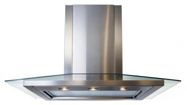Sleek modern kitchen range hood with stainless steel exterior and glass filter