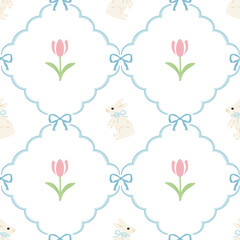 Vintage style floral seamless pattern, cute tulip flowers and bunnies, blue ribbons.