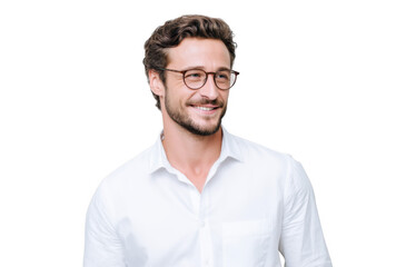 A smiling young man with glasses wearing a white shirt. standing against a light gray background. exuding confidence and approachability. ideal for professional or lifestyle imagery