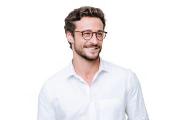 A smiling young man with glasses wearing a white shirt. standing against a light gray background. exuding confidence and approachability. ideal for professional or lifestyle imagery