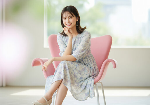 窓のある明るい室内、花柄ワンピースでピンクの椅子に座る女性モデル