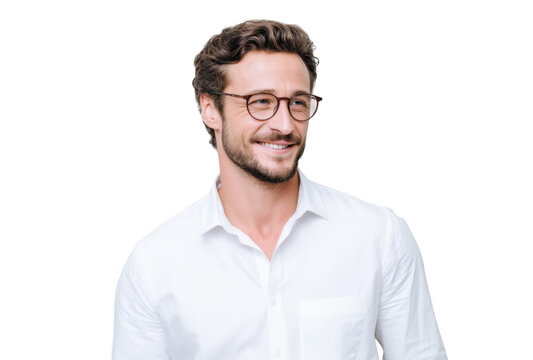 A smiling young man with glasses wearing a white shirt. standing against a light gray background. exuding confidence and approachability. ideal for professional or lifestyle imagery
