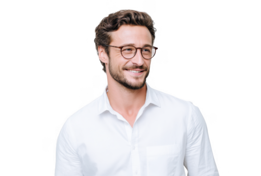 A smiling young man with glasses wearing a white shirt. standing against a light gray background. exuding confidence and approachability. ideal for professional or lifestyle imagery
