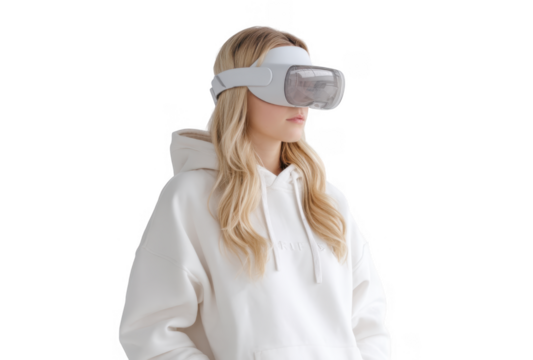 A young woman wearing a white hoodie and virtual reality headset stands against a minimalist background. immersed in a digital experience. showcasing modern technology and innovation