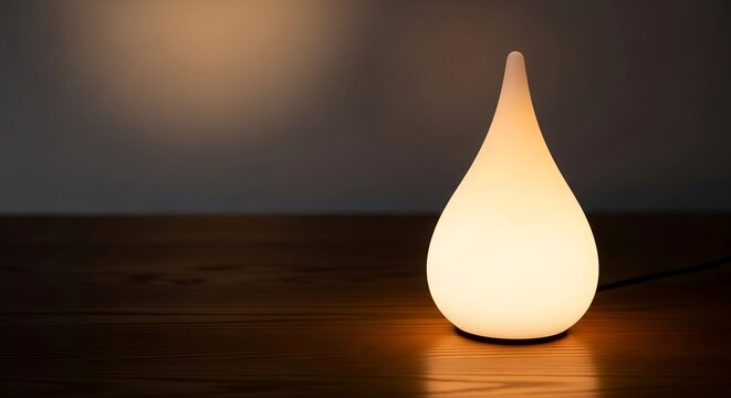 Modern teardrop shaped lamp illuminates a wooden surface with warm ambient lighting in a dimly lit room setting.