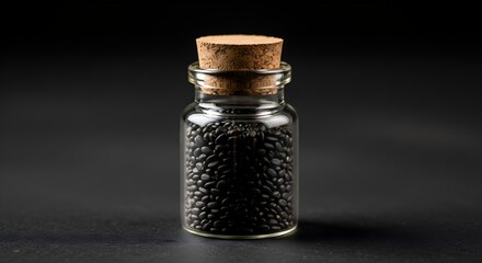 Small glass jar filled with black seeds resting on a dark surface, creating a minimalist food ingredient style shot.