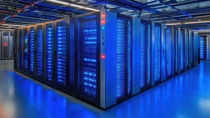 Futuristic Data Center with Neon Lighting and Server Racks View